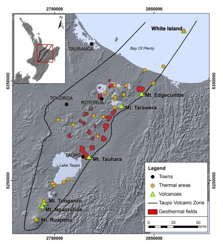 Map of geothermal hotspot locations across the Taupō Volcanic Zone
